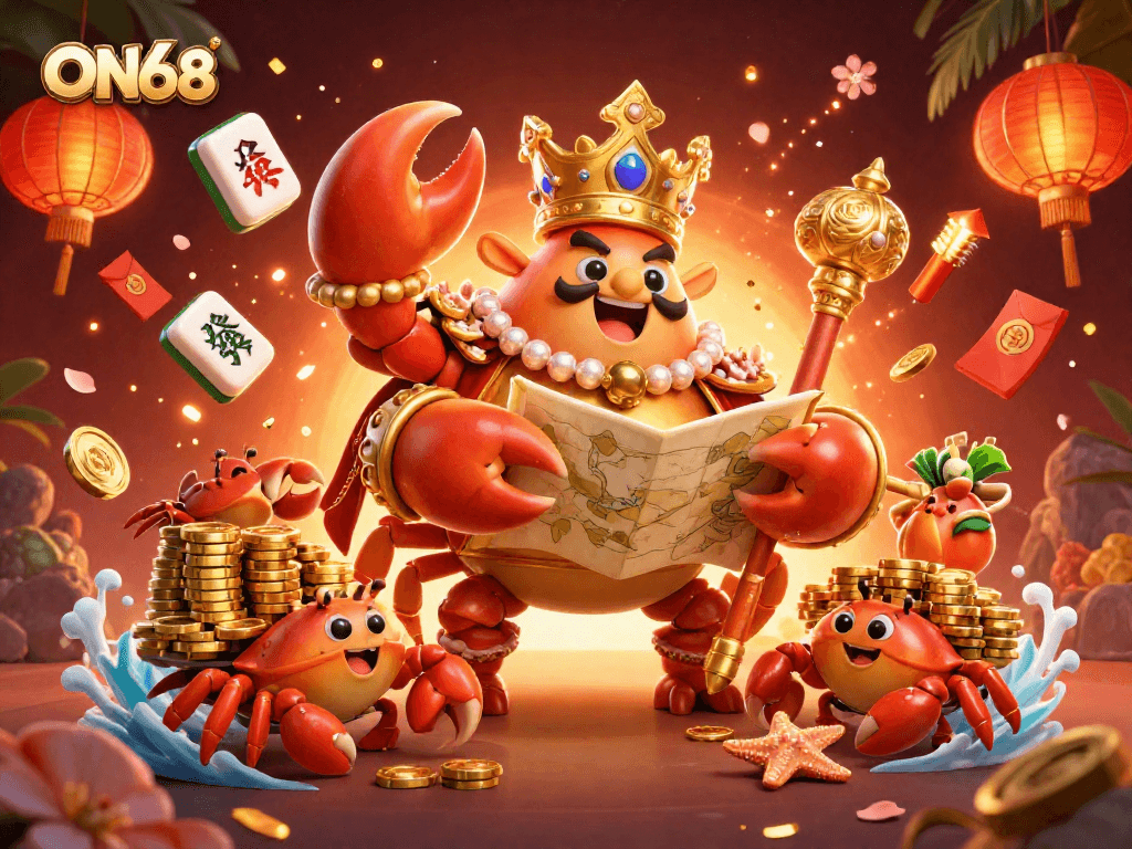 Experience thrilling gaming action at ON68 with a vibrant, dynamic casino scene featuring a golden crab emperor and rich gambling elements.