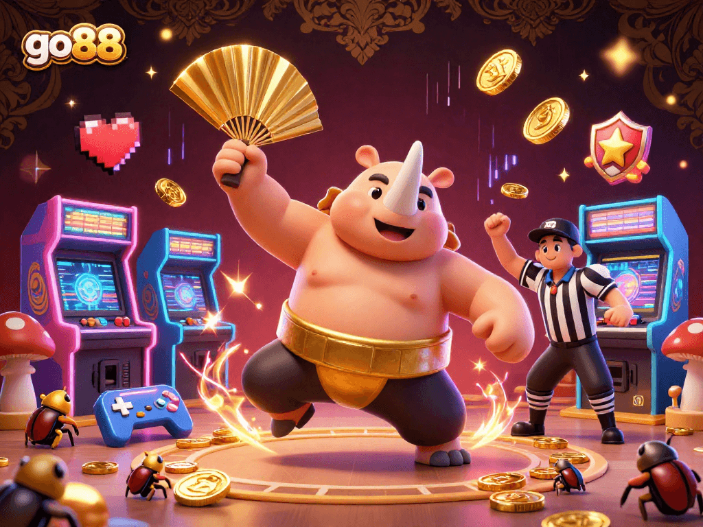 Engage with the thrilling world of go88 where a beetle sumo champion stomps amidst gold coins and arcade games.