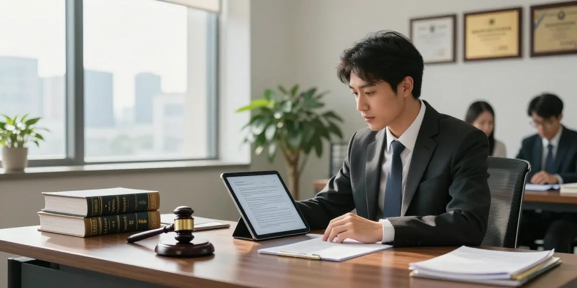 Legal professional reviewing additional info during a consultation in a modern office.