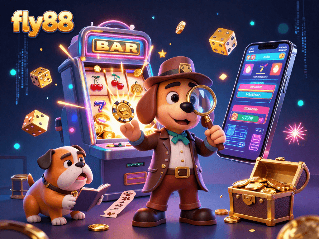 fly88 showcases a thrilling casino scene with detective characters solving a poker chip mystery amid vibrant gaming elements.