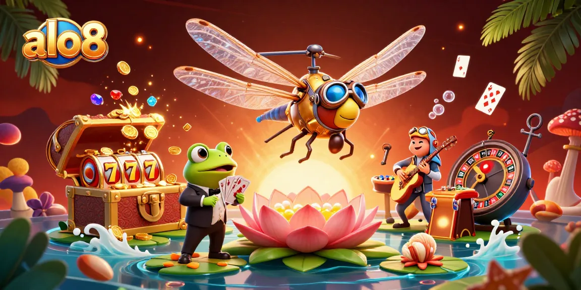 Betting at the lively alo8 casino with a dragonfly pilot and frog dealer amidst vibrant gaming elements.