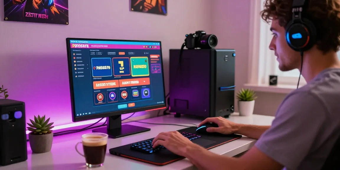 Spieler genießt ein Paysafe Card Casino in einem modernen Heimspielsetup mit lebhaften LED-Lichtern und Spielequipment.