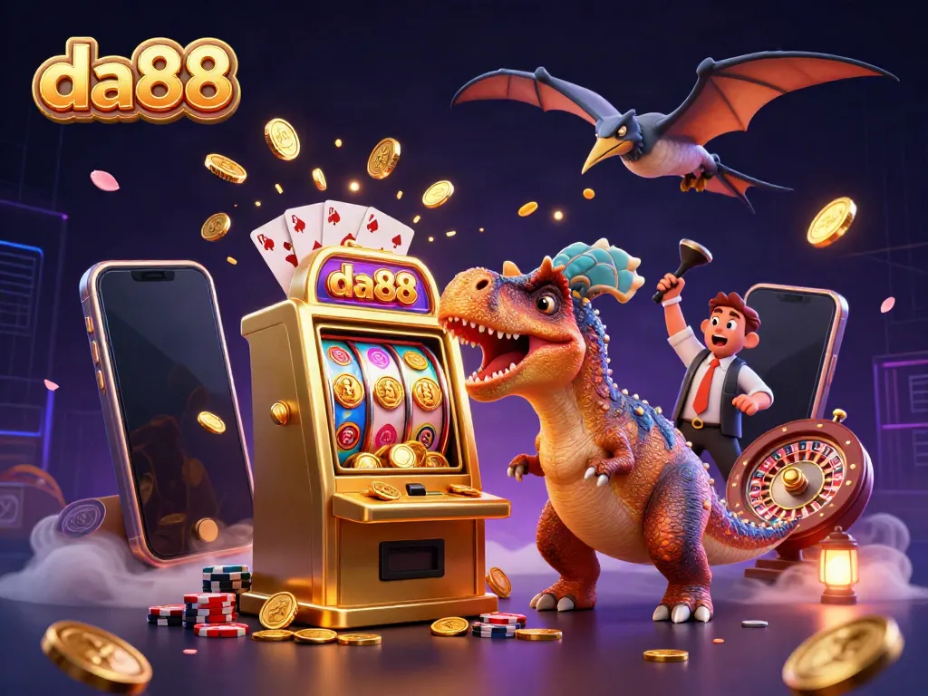 Experience the exciting moments at da88 as dinosaurs interact with a golden slot machine, portraying dynamic gambling action.