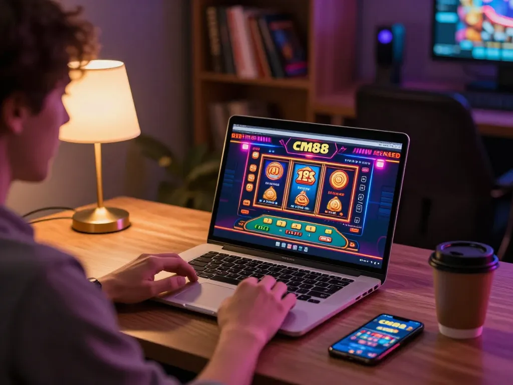Player engaging with cm88 online casino, vibrant gaming graphics illuminating the interface.