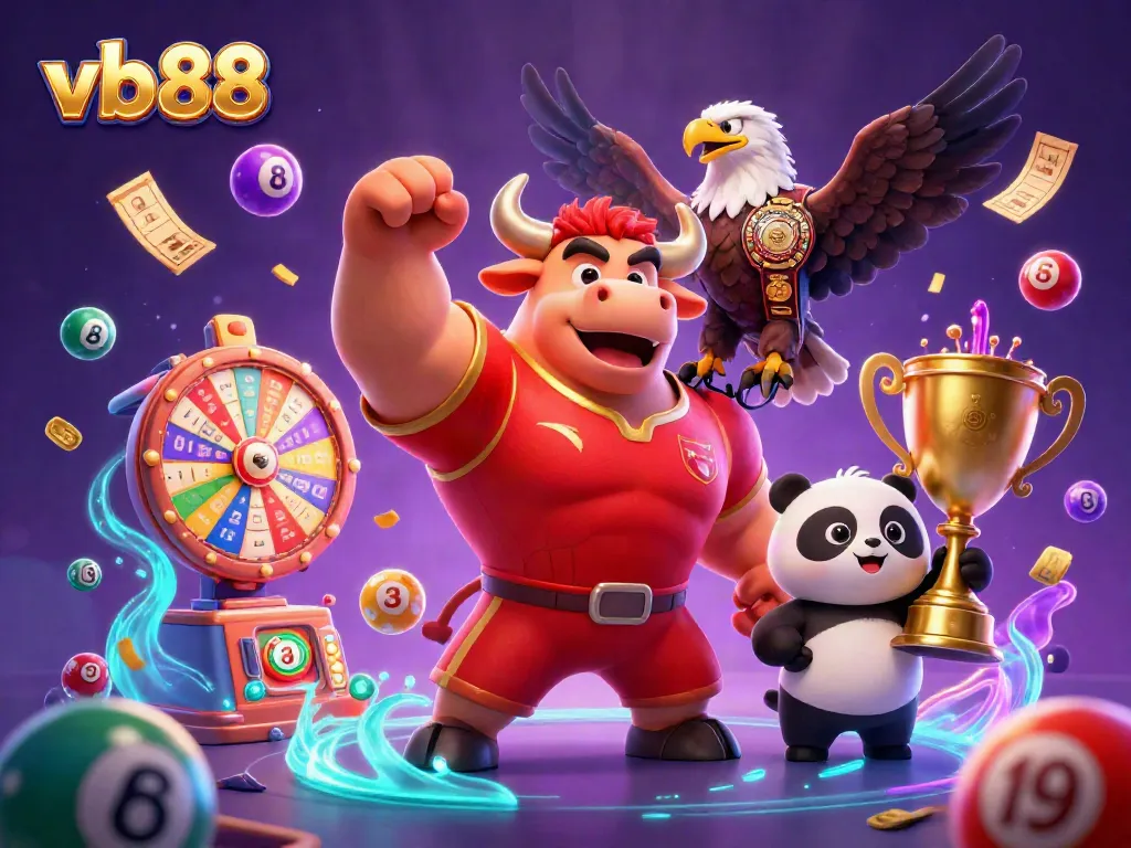 Win big with vb88 as the playful characters celebrate jackpots amidst colorful lottery elements.