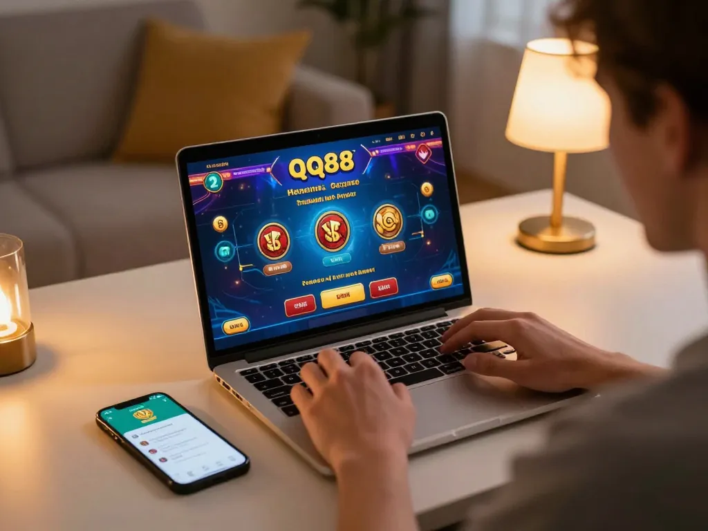 Engaging in online gameplay at qq88 with a laptop and smartphone surrounded by a cozy home atmosphere.