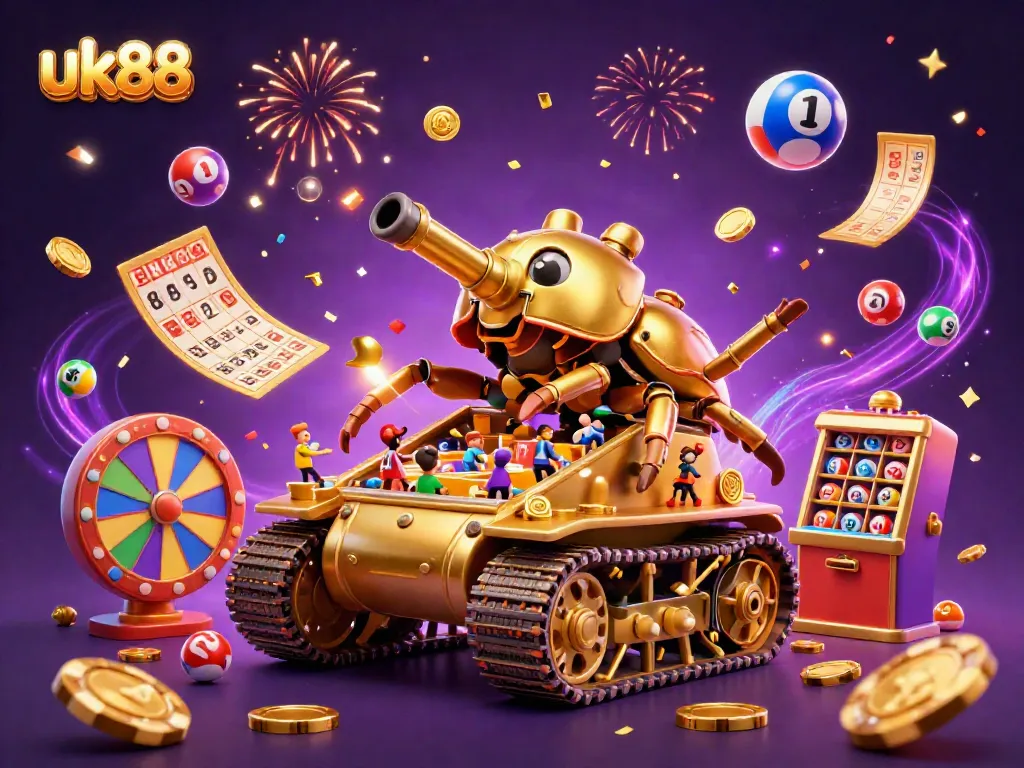 Experience thrilling gameplay with uk88 in a vibrant casino scene featuring a unique golden beetle tank.