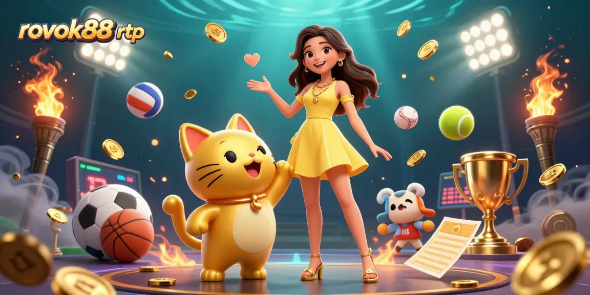 Engage with rokok88 rtp through this vibrant 3D casino illustration showcasing joyful interactions and sports elements.
