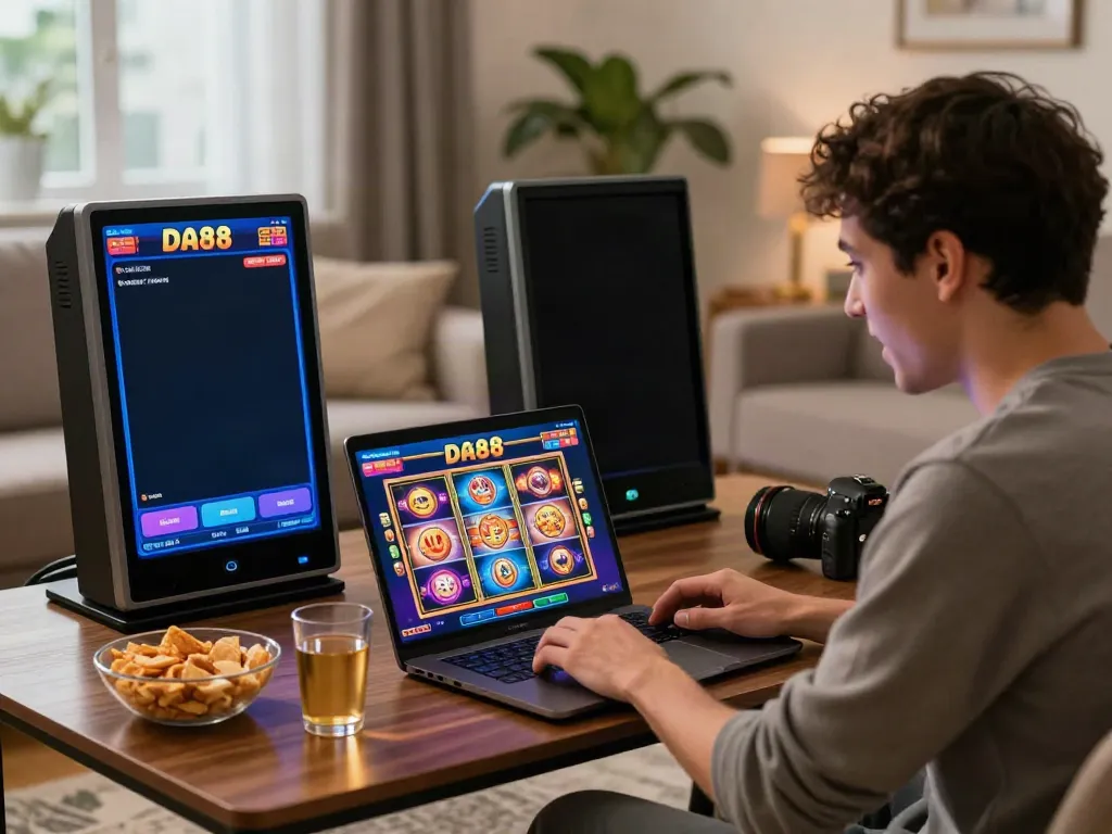 Player on DA88 enjoying online gambling with laptop in cozy living room.