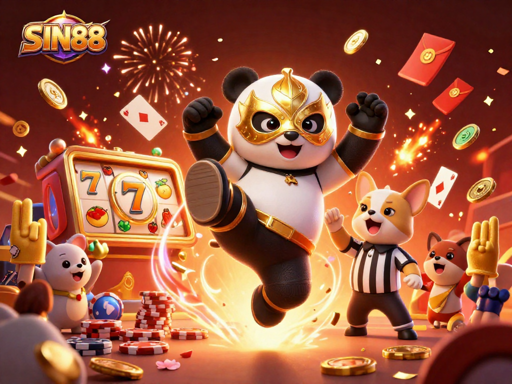 SIN88 showcases a thrilling casino scene with animated characters and vibrant gaming elements.