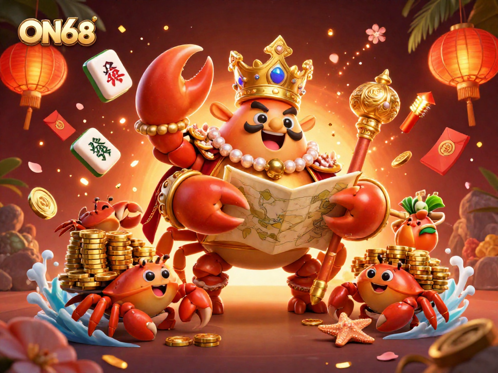 Experience thrilling gaming action at ON68 with a vibrant, dynamic casino scene featuring a golden crab emperor and rich gambling elements.