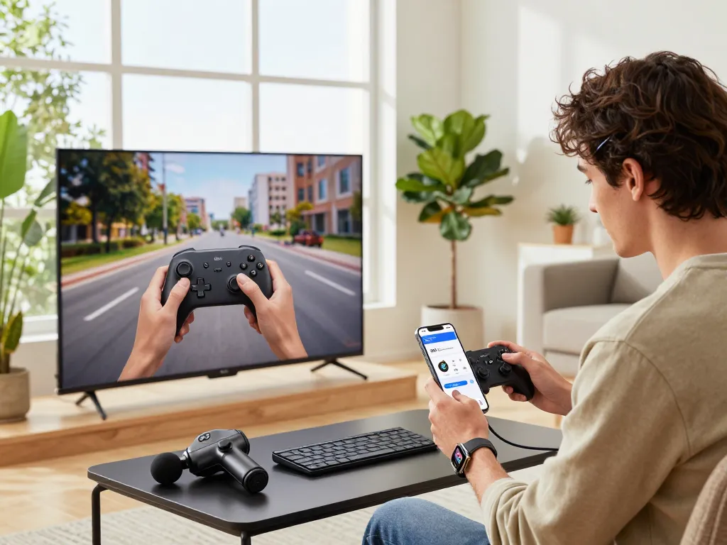 Showcase of cool tech gadgets under $114 featuring Bluetooth devices in a modern apartment setting.