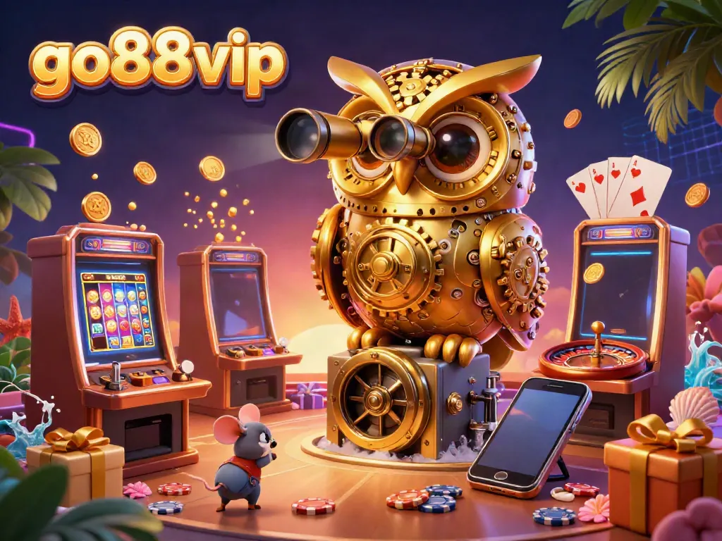 Experience thrills at go88vip with vibrant 3D casino art featuring an owl and slot games.