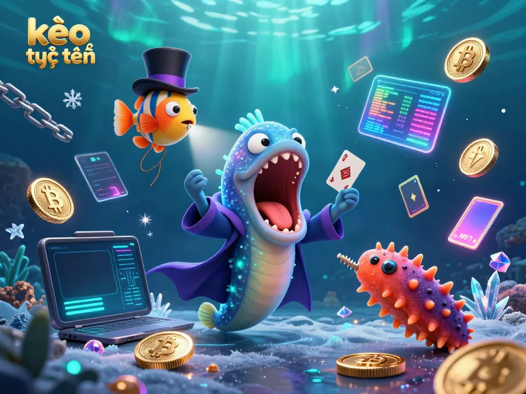 Experience kèo trực tuyến with vibrant underwater casino characters performing magic tricks amid glowing crypto coins.