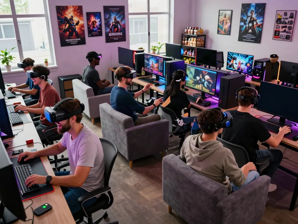 Group of men enjoying gaming experience at Manclub lounge with virtual reality headsets.
