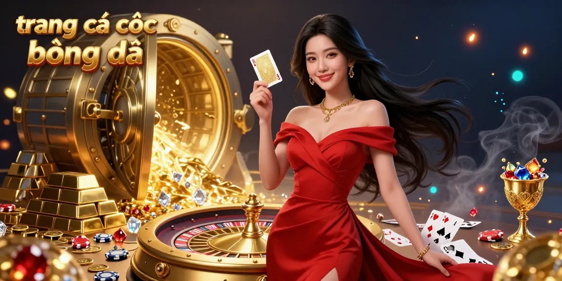 Experience excitement on trang cá cược bóng đá with a confident woman holding a golden card, amidst casino elements.
