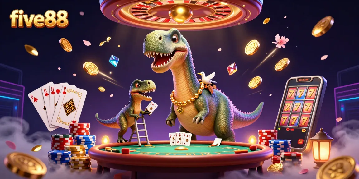Enjoy a dynamic five88 casino experience with a brontosaurus and clever raptor amidst sparkling gems.