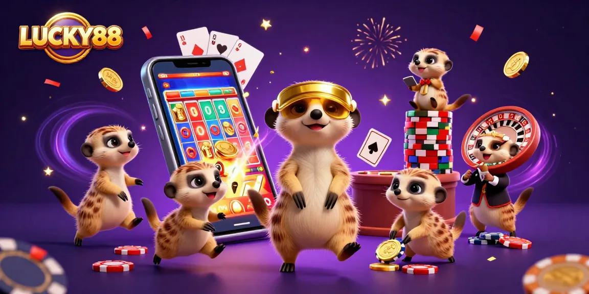 Join the excitement at LUCKY88 with meerkats running a colorful casino operation amidst flying poker chips and coins.