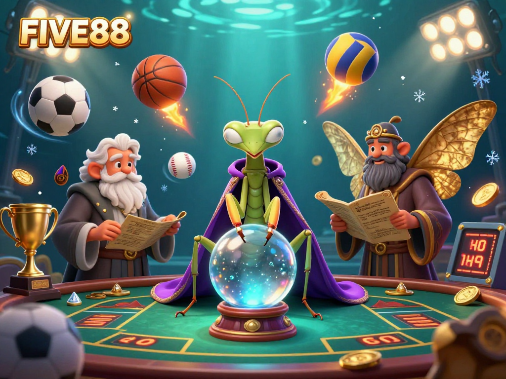 Venture into the universe of FIVE88 where a mystical mantis fortune teller, alongside an old moth librarian, brings gamblers an engaging experience filled with vibrant sports elements.