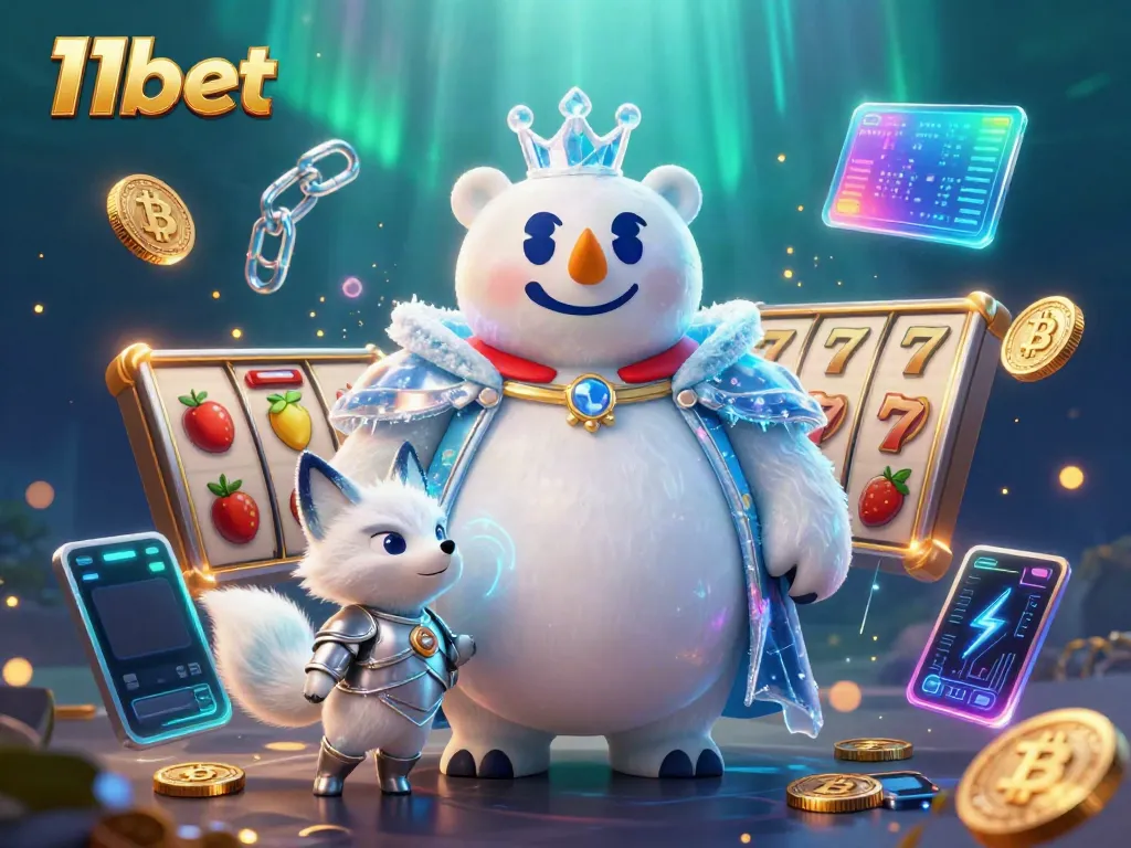 Experience the excitement of 11bet with a vibrant casino-themed illustration featuring iconic slot symbols and crypto elements.