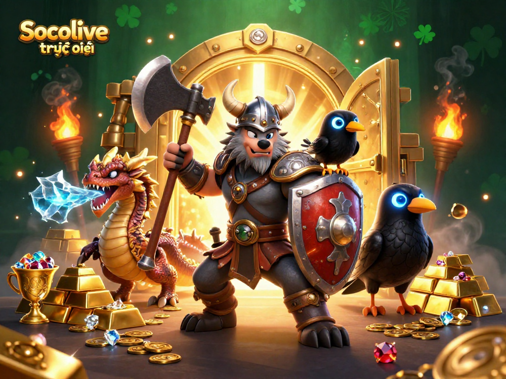 Socolive trực tiếp showcases an engaging scene with a Viking wolf warrior and dragon amidst casino treasures.