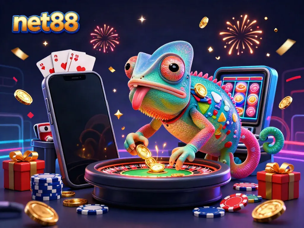 Experience excitement at net88 with a playful chameleon and dynamic gaming elements.