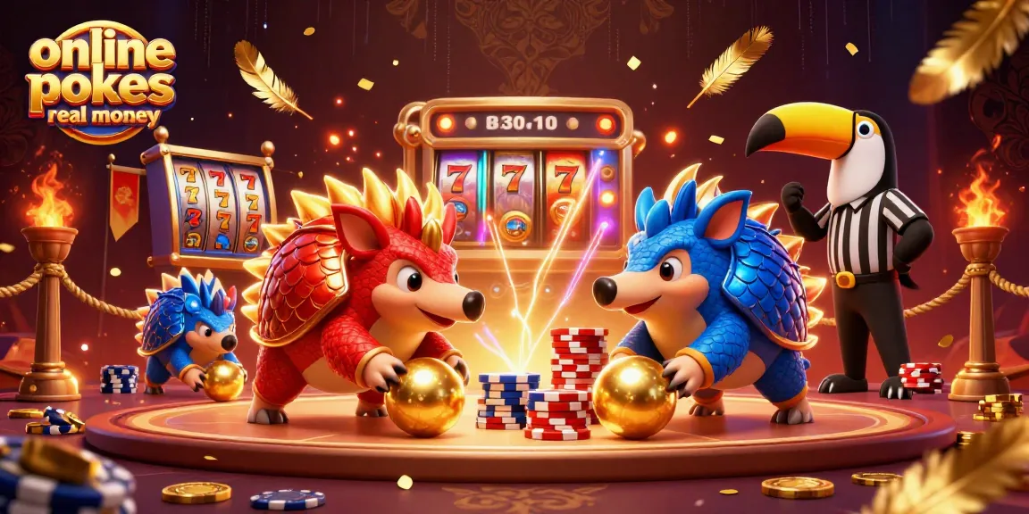 Experience the excitement of online pokies real money with pangolins battling in a vibrant casino scene.