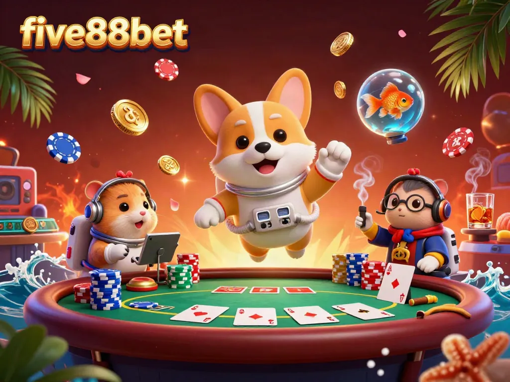 Experience thrilling moments at five88bet with a playful space corgi and a mission-control hamster in a vibrant casino scene.