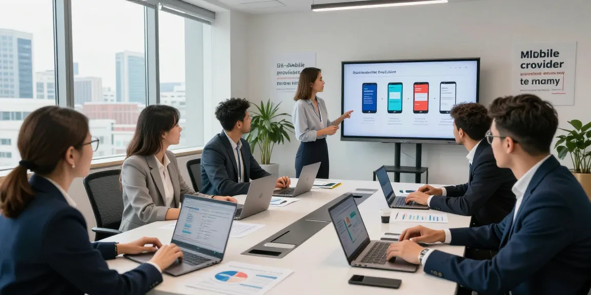 Team collaborating in an office setting, highlighting business mobile providers UK solutions.