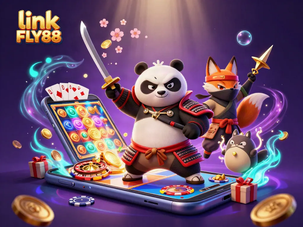 Play engaging games at link FLY88, featuring a dynamic samurai panda and a colorful casino theme.
