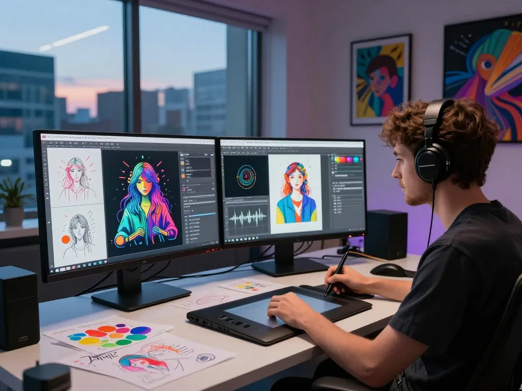 Artist designing AI porn visuals in a digital studio with vibrant graphics and creative tools.