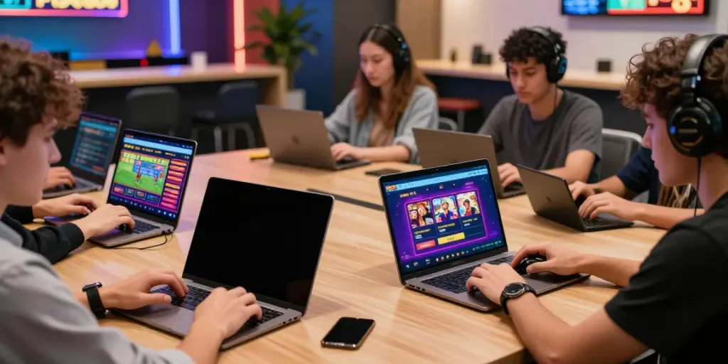 Enthusiastic players engaging with games at https://five88bet.org/ on multiple devices in a vibrant gaming environment.
