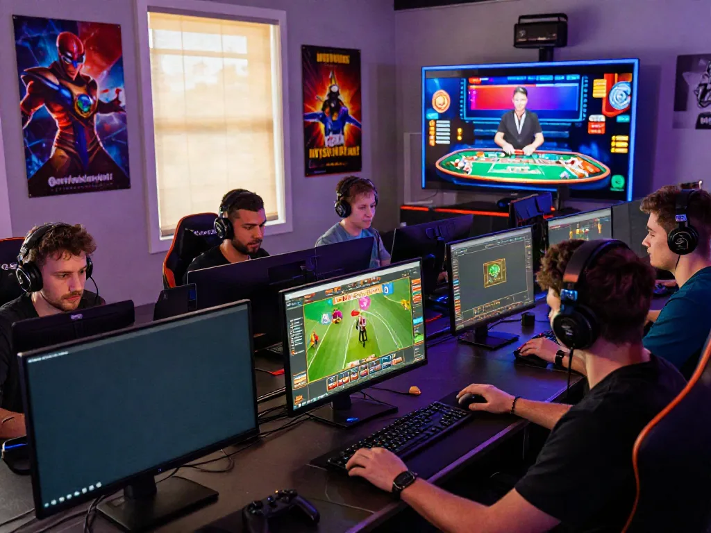 Exciting gaming scene at https://playsv88.net/ featuring diverse gamers in a vibrant setup.