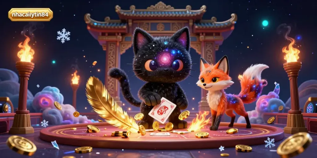 Play and win at nhacaiuytin84 with a cosmic cat in a captivating casino scene.