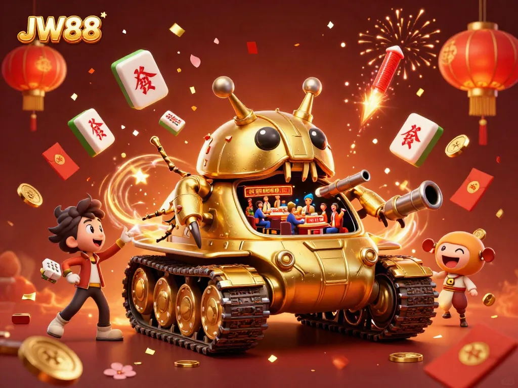 Experience the thrill of JW88 with a vibrant 3D illustration of a golden beetle tank casino bursting with excitement.