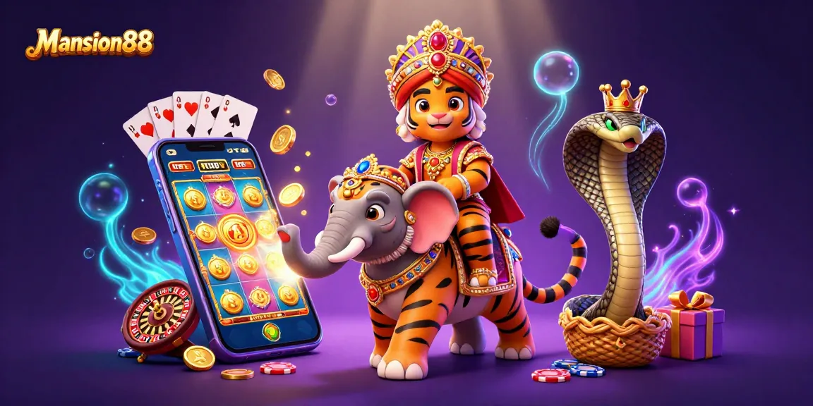 Mansion88 showcases a vibrant scene featuring a regal Indian maharaja tiger and an elephant with dynamic casino elements.