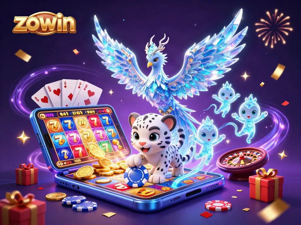 Zowin captures excitement with an ice phoenix and games, showcasing vibrant casino action.