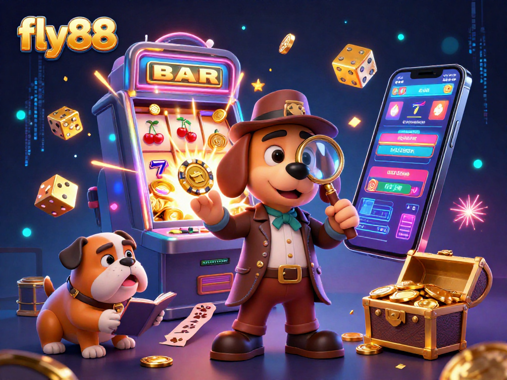 fly88 showcases a thrilling casino scene with detective characters solving a poker chip mystery amid vibrant gaming elements.