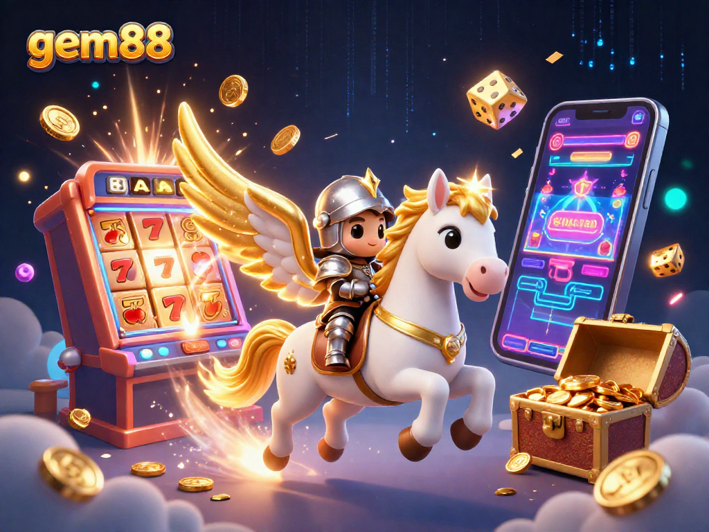 Experience gem88 excitement with a 3D galactic scene of a knight riding a celestial horse amidst jackpot symbols.