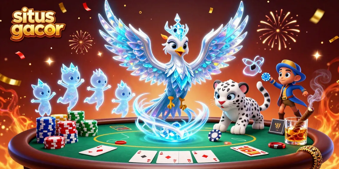 Situs gacor showcases a lively casino scene with an ice phoenix, a snow leopard cub, and dancing ice sprites amid poker elements.