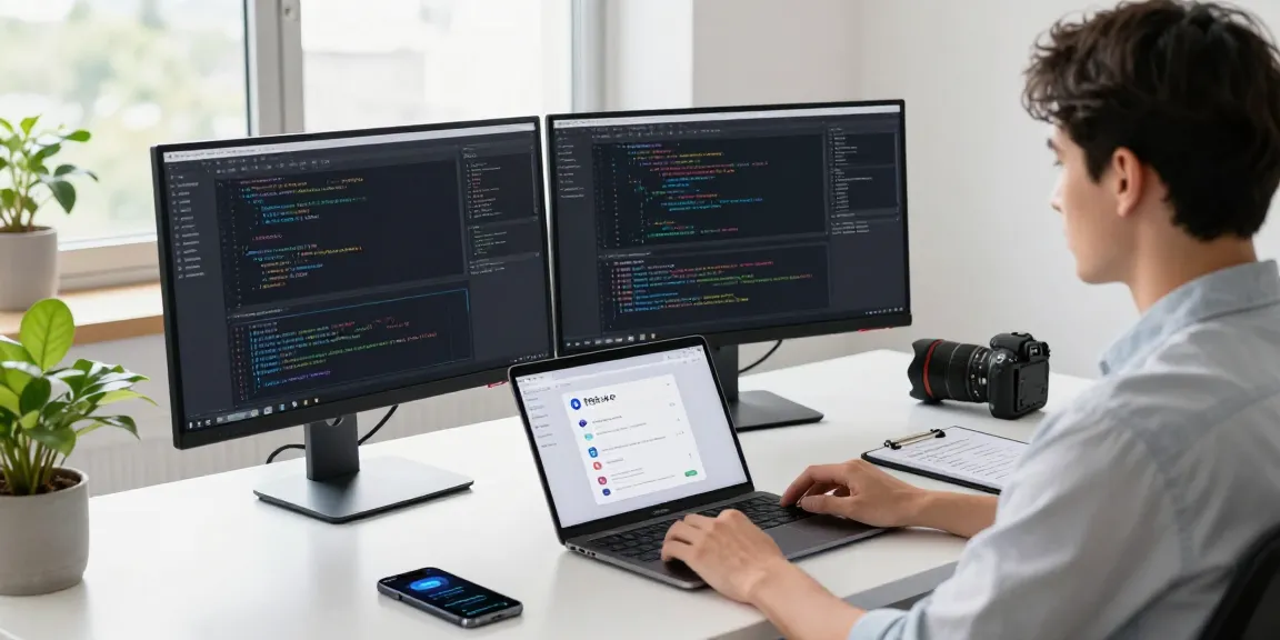 快连 software developer workspace with dual monitors and coding setup, showcasing a productive tech environment.
