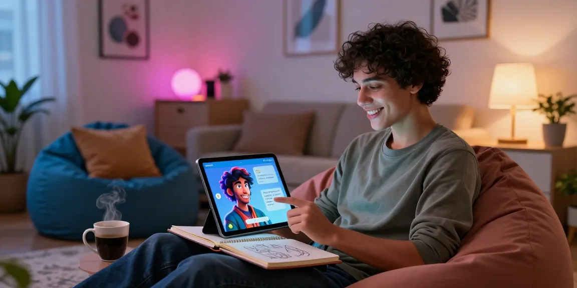 Engaging with nsfw character ai on a tablet in a cozy room, showcasing digital companionship.