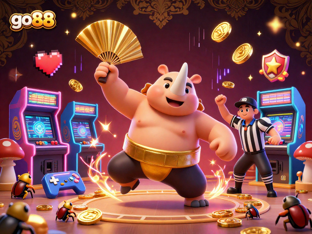 Engage with the thrilling world of go88 where a beetle sumo champion stomps amidst gold coins and arcade games.