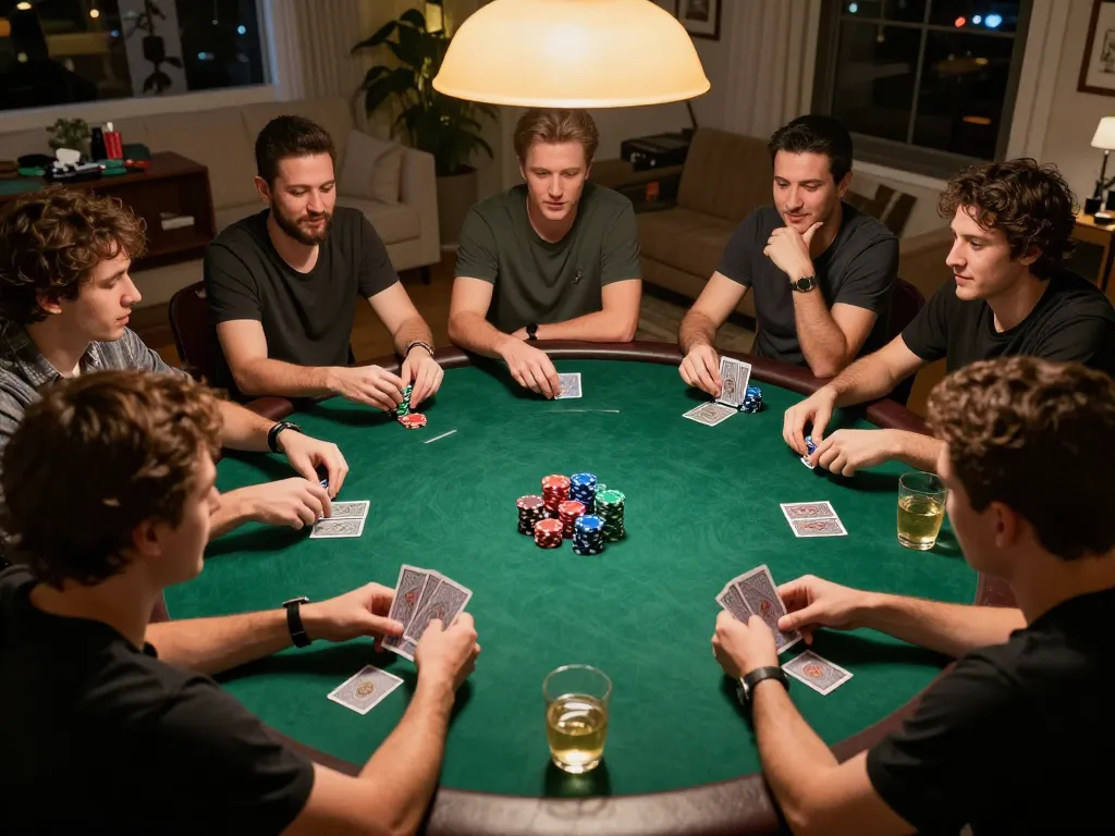 Players strategizing in a home poker game while enjoying their time, spotlighting mm88br.