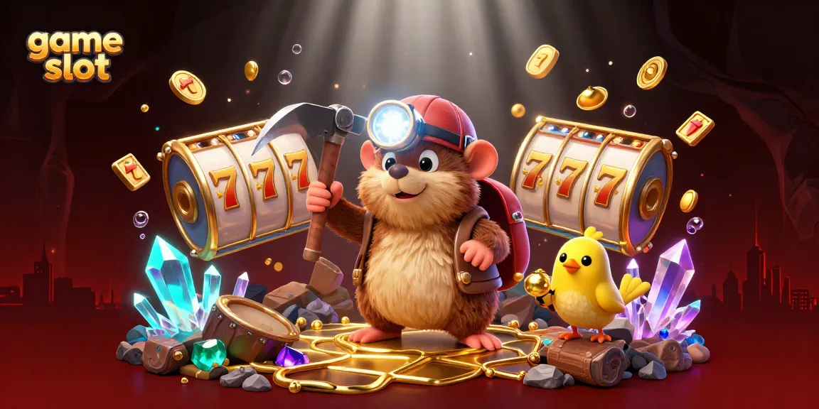 Exciting game slot scene with a cartoon mole and canary amidst spinning slots and golden treasures.