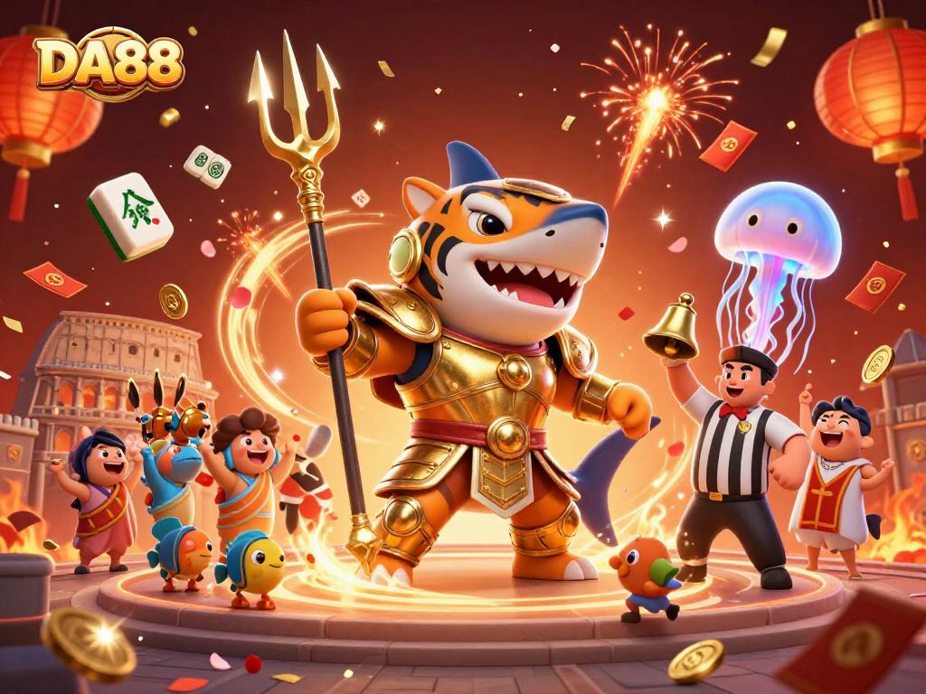 Experience thrilling action at DA88 with a dramatic underwater casino featuring a tiger shark and vibrant game elements.