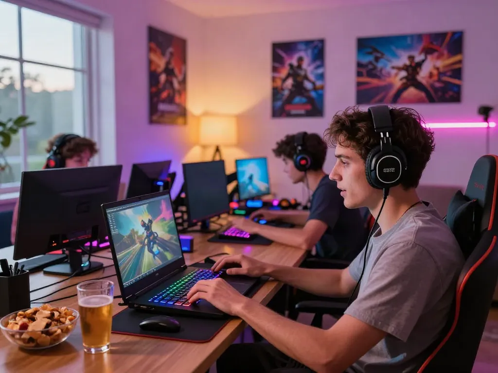 Exciting gaming scene at https://red88.limited/ with player in gaming setup, colorful RGB lighting, and snacks.