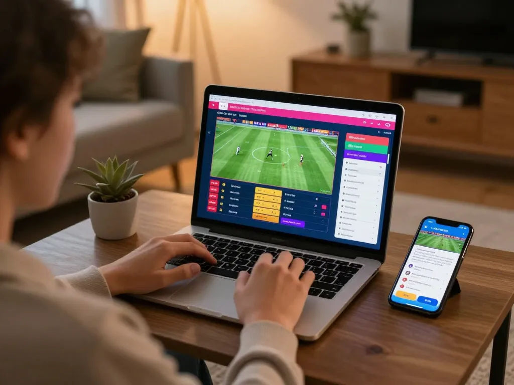 Engaging sports betting scene on laptop showing keonhacaii odds and strategies for responsible gambling