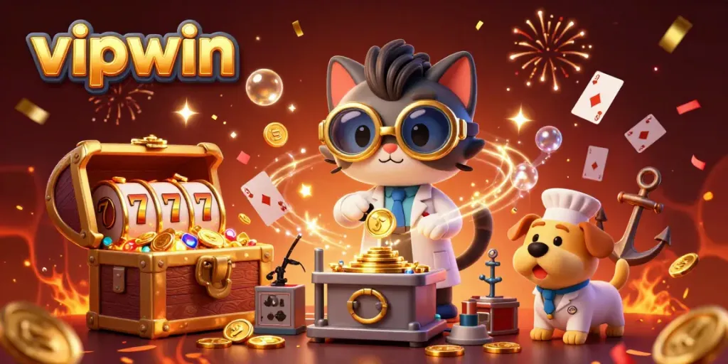 Experience thrill at vipwin with a mad scientist cat and lab assistant dog creating wealth in a casino-themed brilliance.