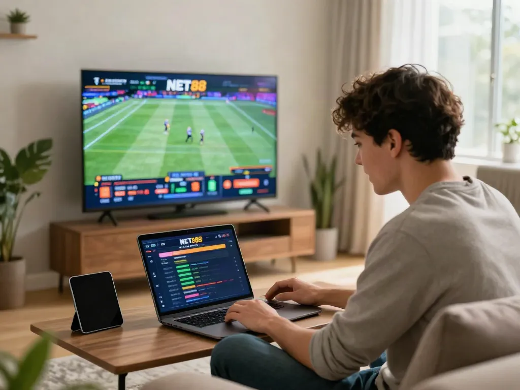 Engaged user at https://net88.broker/ enjoying online betting experience with sports and devices.